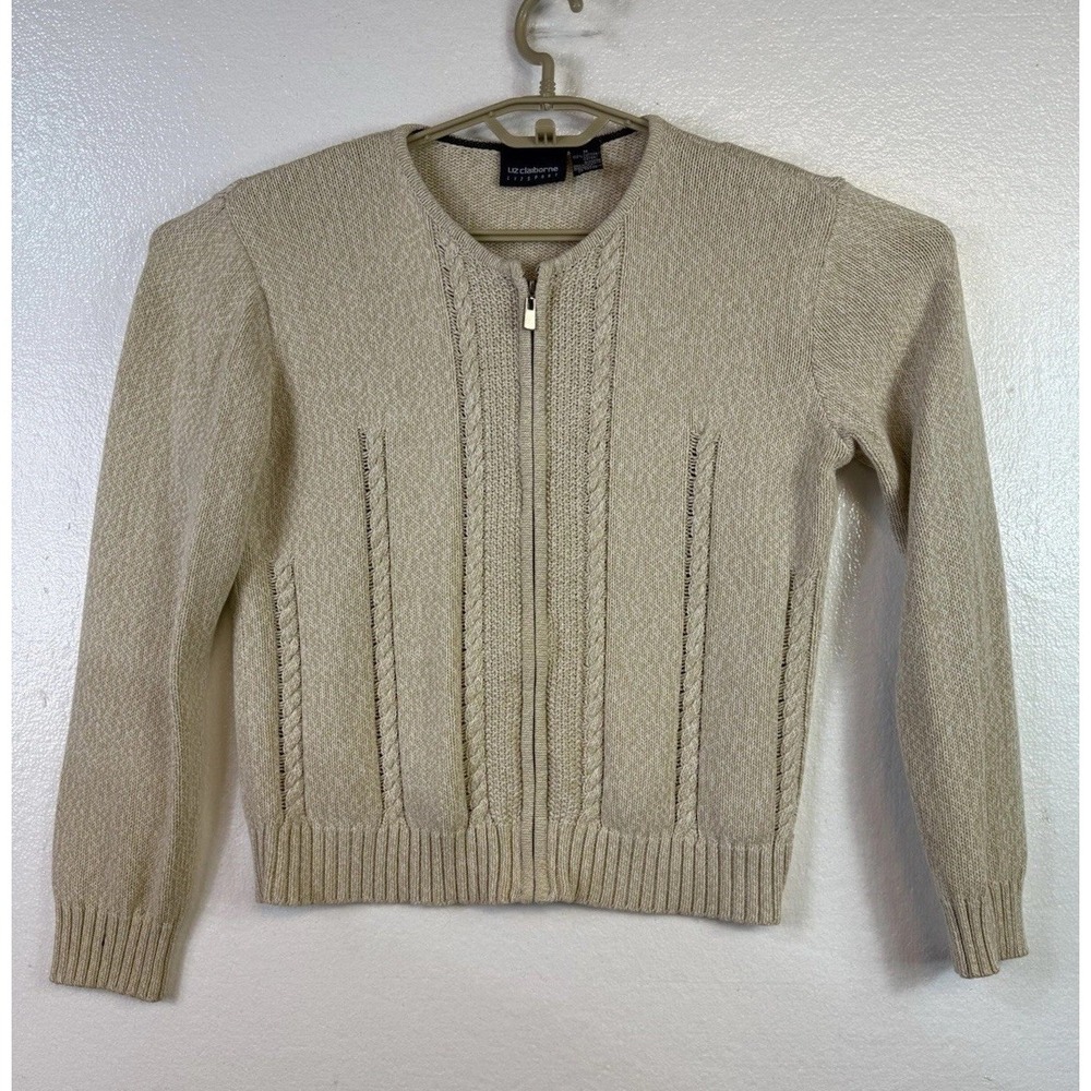 Liz Claiborne Cable Knit Cardigan Zip-Up Sweater Sz M Beige Cotton Lizsport Golf